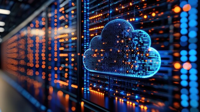 Futuristic Cloud Computing Network with LED Lights and Data Center