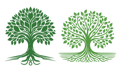 Fototapeta premium Beautiful green tree silhouette and vector design, minimalist business logo for tree icon on white background.