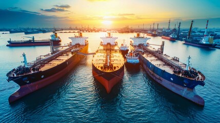 Obraz premium Aerial view of large oil tankers docked at a busy port with extensive pipelines extending into the horizon, representing global oil trade and energy industry logistics.