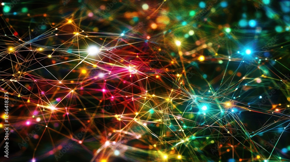 Poster abstract deep learning ai network with bright, interconnected digital nodes.