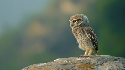 Young owl perched on a rocky surface, surrounded by a blurred natural landscape at dawn
