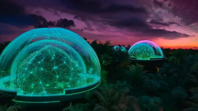 Glowing high-tech bio-domes set in a dense jungle under a vibrant twilight sky, symbolizing futuristic sustainability, advanced ecology, and technological harmony with nature.