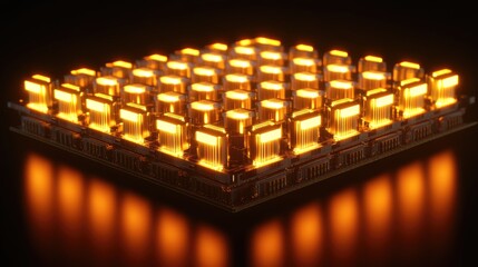 Abstract glowing circuit board forming the shape of a digital computer processor.