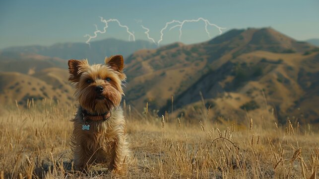 Small dog standing in a grassy field with mountains and lightning in the background