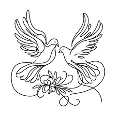 Obraz premium doves with flowers one line drawing vector silhouette