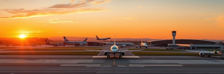 Panoramic shot of a modern airport at sunset, with aircraft taking off and landing in the foreground, sunset, runway, landing strip