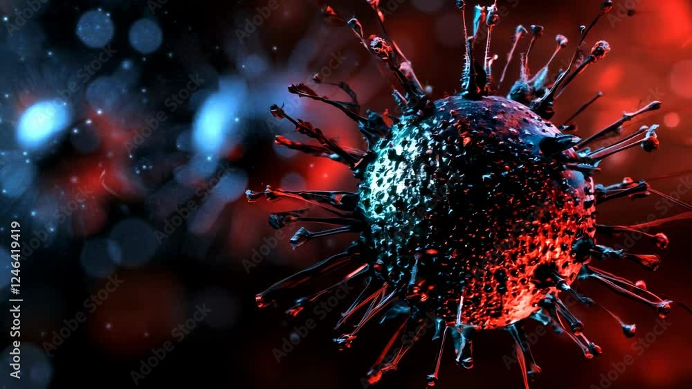 Poster a high-resolution 3d visualization of a virus particle with sharp spike proteins, symbolizing microb