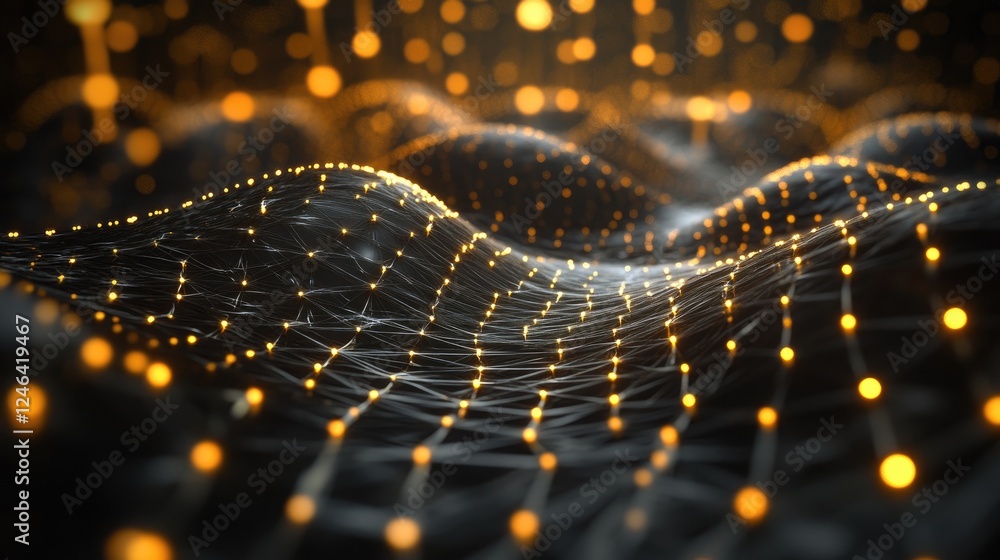 Poster abstract nanotechnology concept with microscopic glowing particles forming patterns.