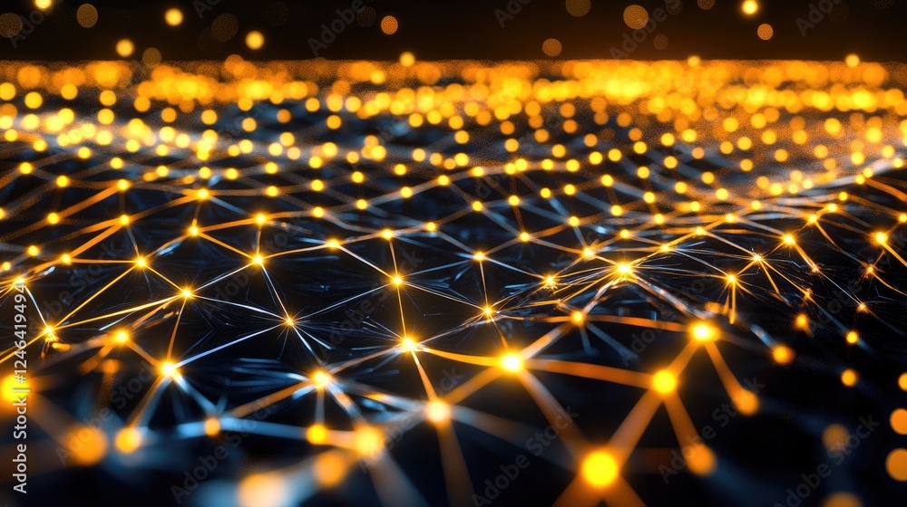 Poster abstract nanotechnology concept with microscopic glowing particles forming patterns.