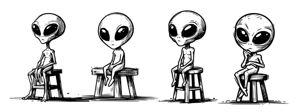 alien characters sitting on stools in vintage sketch style