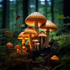 Fototapeta premium the AI Image Generator, Illuminated Mushrooms in a Lush Forest Capturing a Magical