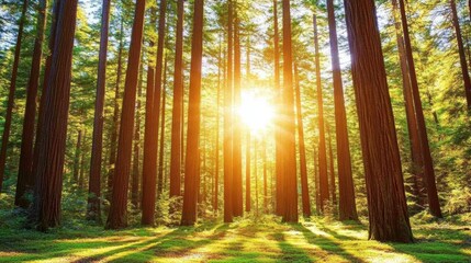 Fototapeta premium Sunlit Redwood Forest, Majestic Trees, Golden Sunlight