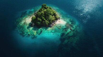 Aerial view of a secluded tropical island embraced by sparkling blue waters and vibrant greenery creates a perfect escape for nature lovers. Tropical beach vacation and travel concept in summer