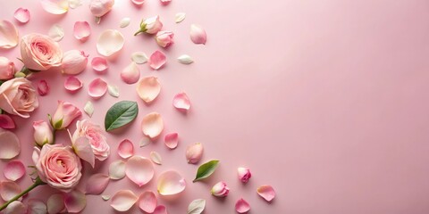 Pastel pink gradient background with scattered rose petals and a few leaves, garden backdrop, serene ambiance