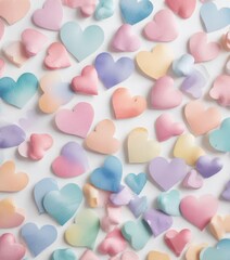 Fototapeta premium Pastel watercolour heart shapes on white paper backdrop, splatter, watercolor, wash, heart