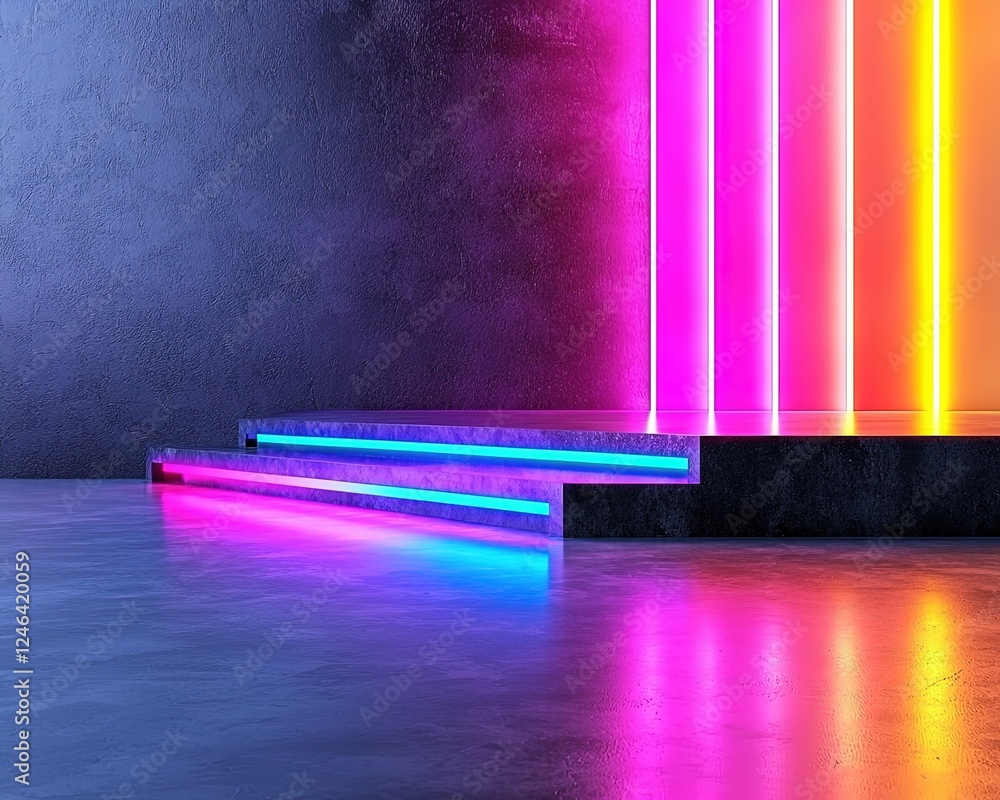Poster futuristic neon light reflections on sleek black surfaces creating a vibrant sci-fi environment with
