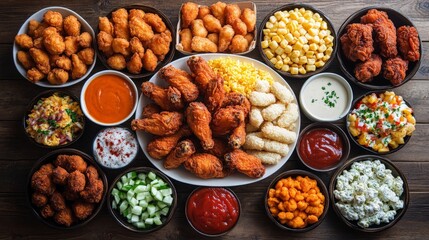 A vibrant spread of various fried foods and dips arranged on a wooden table.