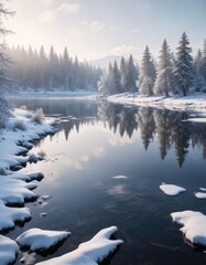 Fototapeta premium Peaceful winter landscape with snow-covered trees and a frozen lake, serene atmosphere, natural wonder