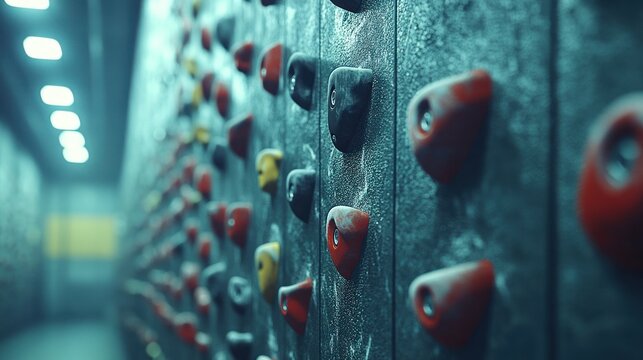 Indoor rock climbing wall, focus on holds, dimly lit gym