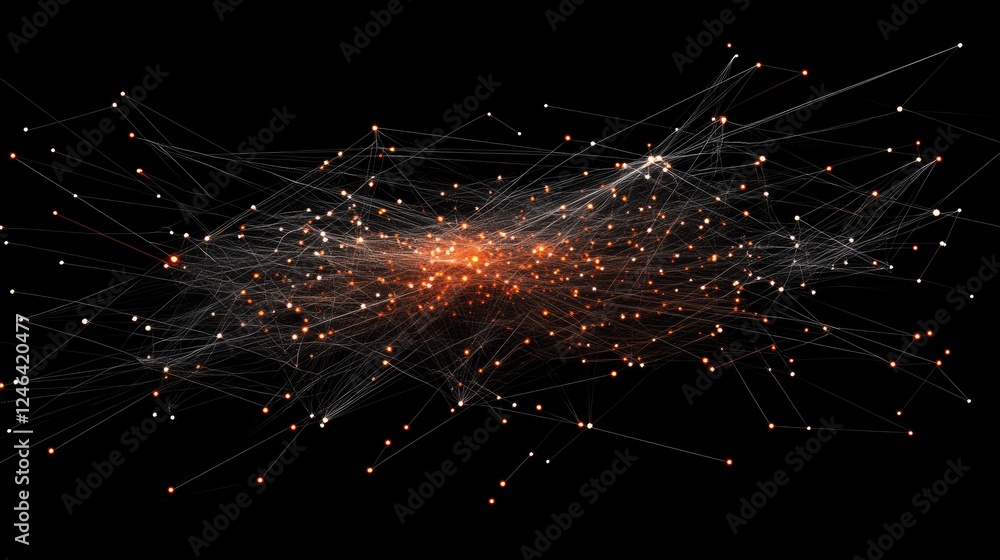 Poster abstract representation of computer networking with interconnected digital nodes.