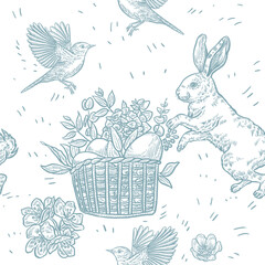 Easter seamless pattern with cute bunny rabbits, vintage style drawing, vector file