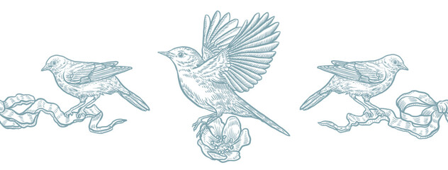Spring floral border with birds, vintage style, vector illustration, blue color