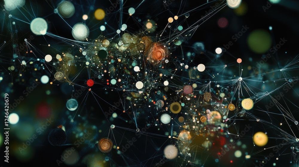 Poster abstract representation of computer networking with interconnected digital nodes.