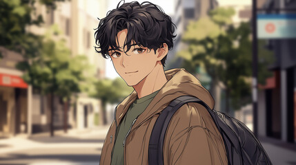Fototapeta premium Handsome 23-year-old male college graduate exploring a chic urban street with a relaxed demeanor
