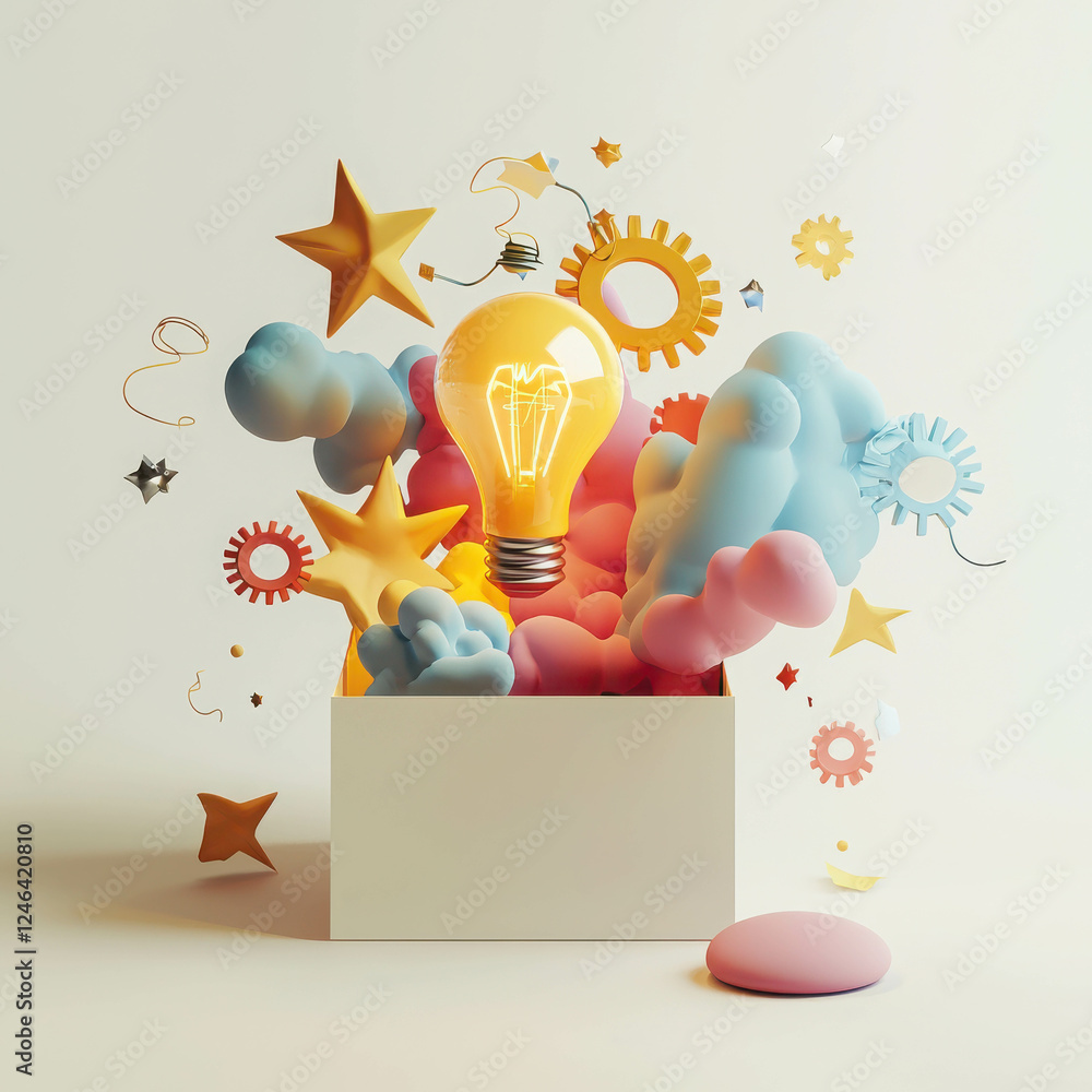 Poster dynamic 3d scene showcasing a box with light bulb surrounded by colorful elements