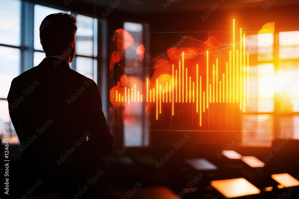 Poster a silhouette of a man observes a glowing sound wave graph, symbolizing data analysis and technologic