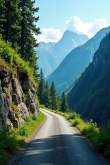 Obraz premium Narrow paved road, steep incline, forested mountains, perspective, paved, mountain pass
