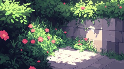 Obraz premium Sunlit Stone Wall Garden with Blooming Flowers