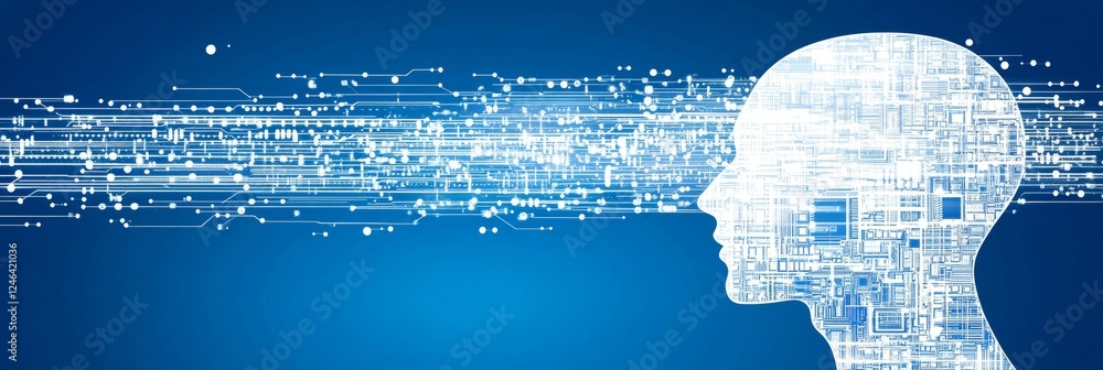 Poster artificial intelligence. human head shape made of circuit boards and binary code on blue background.