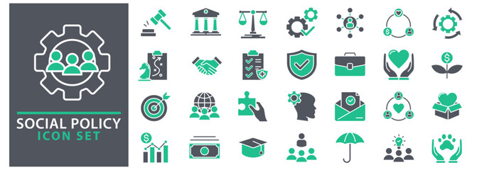 Social Policy web icons. Education, government, welfare, reforms, medicine, collection. Vector illustration.