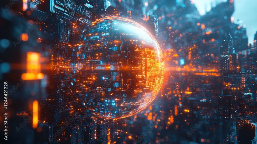 Poster artificial intelligence-powered cybersecurity system, illustrated with a glowing data sphere and shi