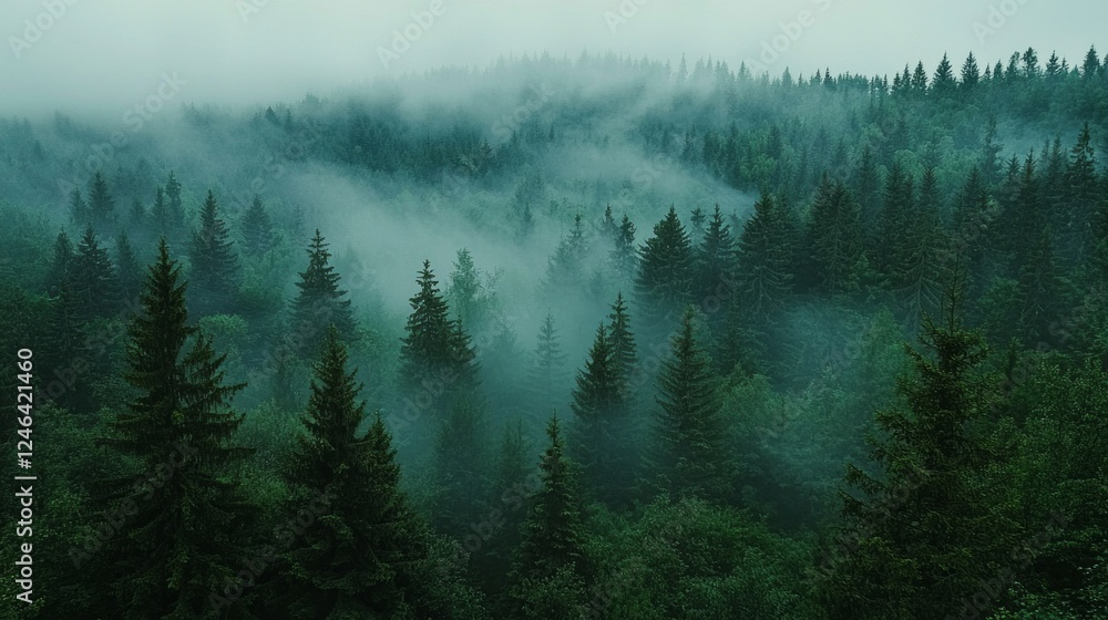 Poster dense green trees rise from the earth, blanketed by a soft fog that envelops the forest, enhancing t