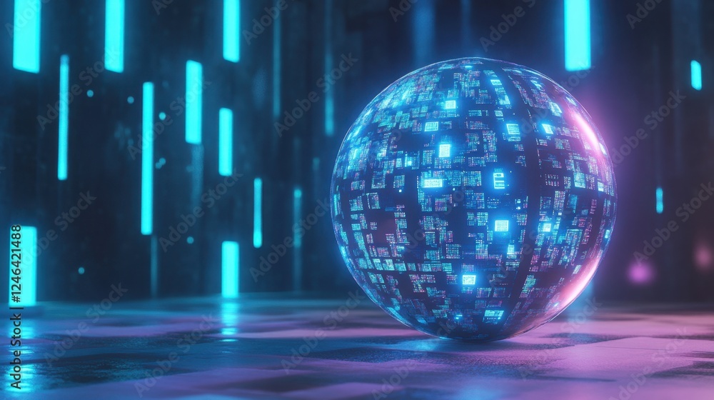 Poster artificial intelligence-powered cybersecurity system, illustrated with a glowing data sphere and shi