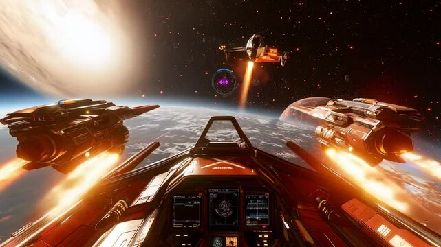 A first-person view from a spaceship cockpit engaged in an intense space battle, featuring futuristic military technology, advanced space fleets, and intergalactic warfare.