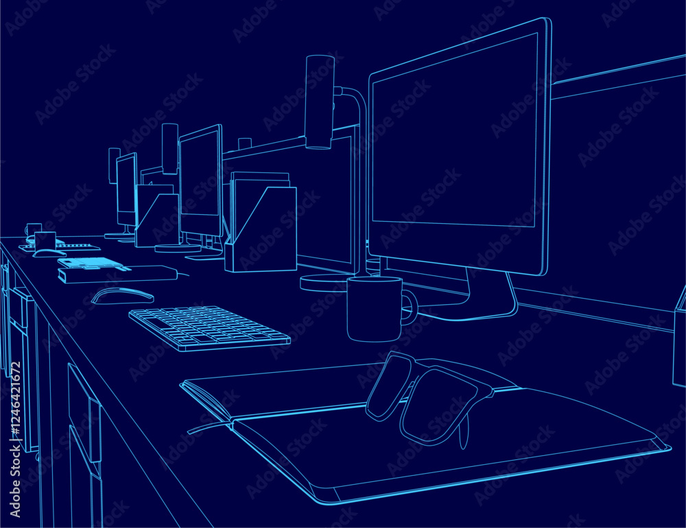 Poster a blue computer desk with a keyboard, mouse, and monitor. the desk is cluttered with various items, 