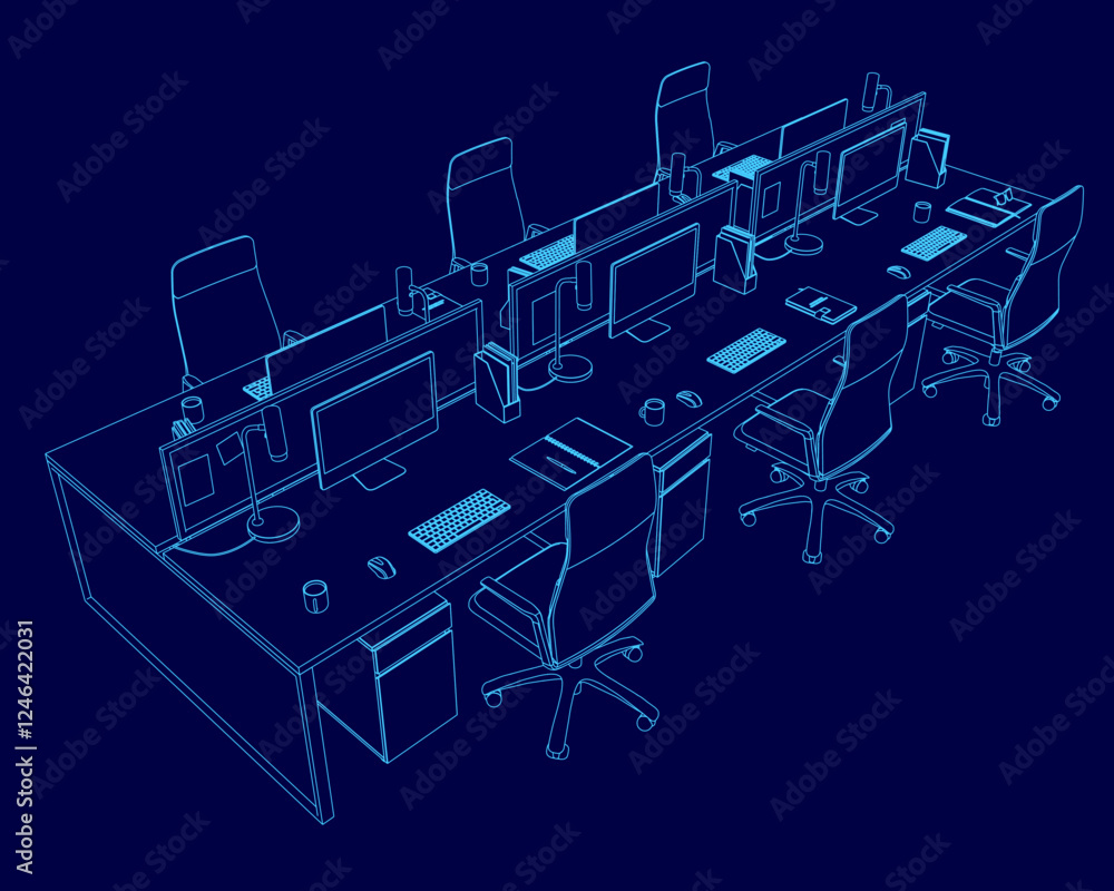 Poster a blue drawing of a desk with several chairs and computer monitors. the chairs are arranged in rows 