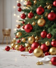Fototapeta premium Red and gold ornaments scattered around a Christmas tree on a white mat, tree, winter
