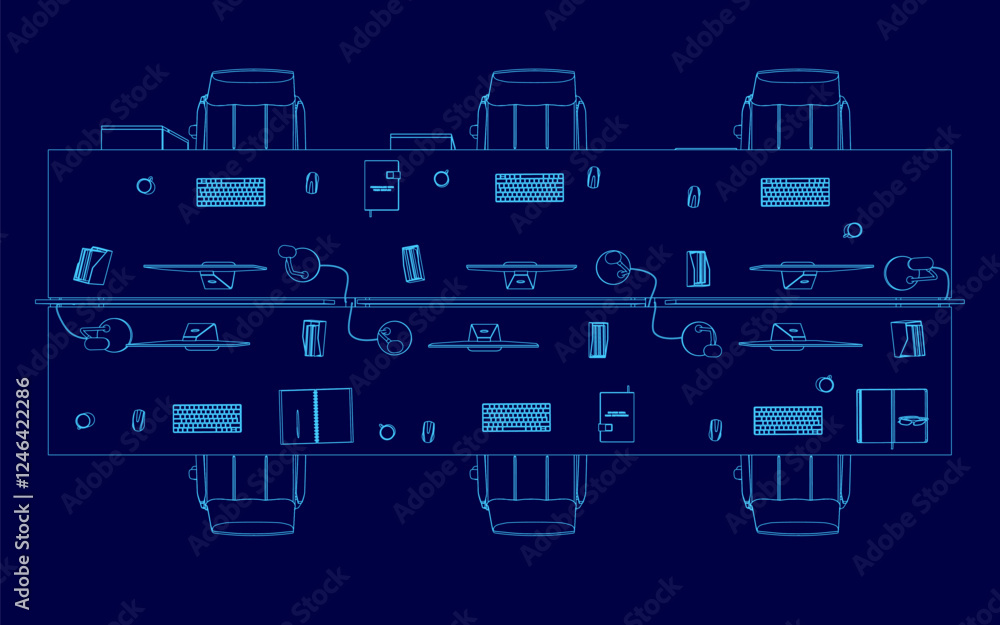 Poster a blue drawing of a desk with several chairs and computer monitors. the chairs are arranged in rows 