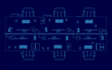 A blue drawing of a desk with several chairs and computer monitors. The chairs are arranged in rows and the desks are filled with computers and other office supplies