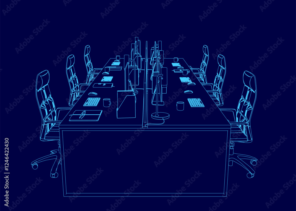 Poster a blue drawing of a conference room with a table and chairs. the chairs are arranged in rows and the