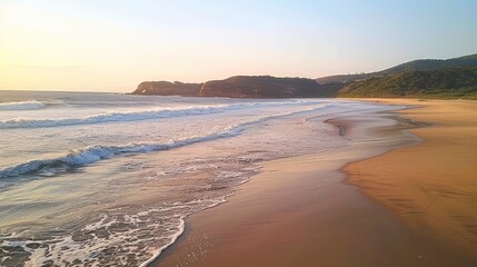 Obraz premium A serene beach at sunset with gentle waves lapping at the shore, pastel sky colors blending into the horizon