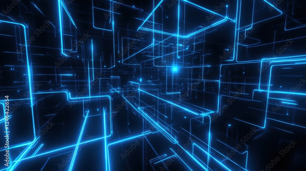 Poster a d-rendered cloud computing infrastructure with global data connections glowing in neon blue.