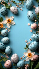 Obraz premium Minimalist Easter Egg Design with Flowers and Blue Background for Spring Celebrations