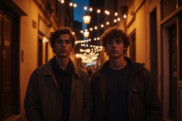 Fototapeta premium two young men standing in dimly lit urban street at night