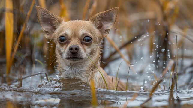 Small dog splashing in shallow water among tall grass, enjoying a playful moment outdoors