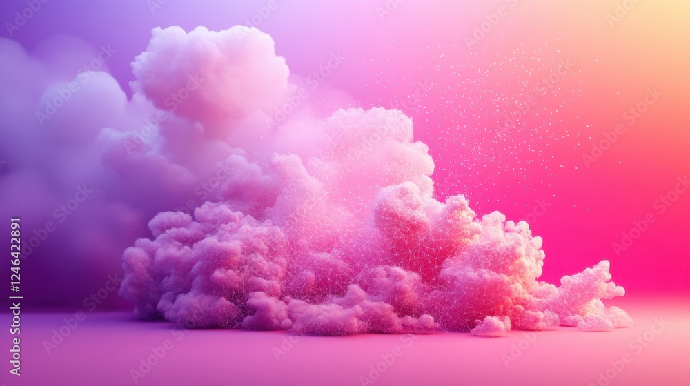 Poster a d-rendered cloud icon with data connections forming a futuristic network on a vibrant gradient bac